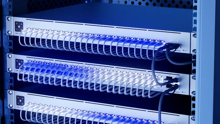 Baie réseau d'entreprise avec switchs Ubiquiti et câblage